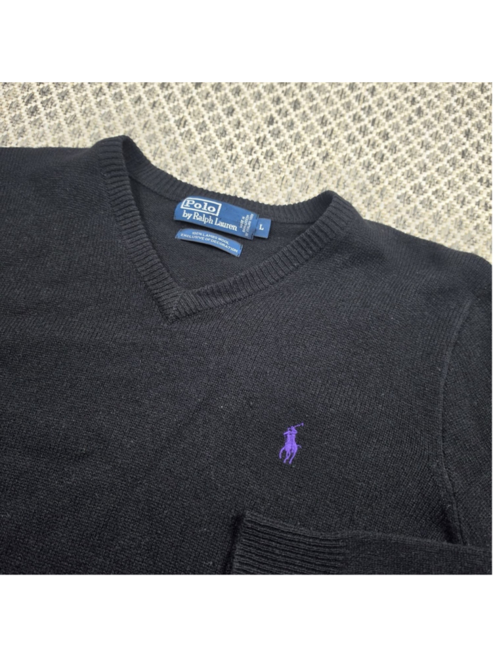 Polo Ralph Lauren Lambswool V Neck Sweater Mens Large Black Purple Pony